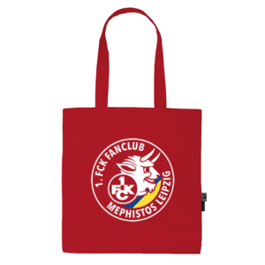 Rote Stofftasche mit weißem Fanclub-Logo Mephistos Leipzig und Stierkopf