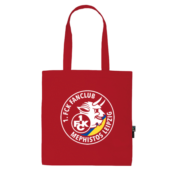 Rote Stofftasche mit weißem Fanclub-Logo Mephistos Leipzig und Stierkopf