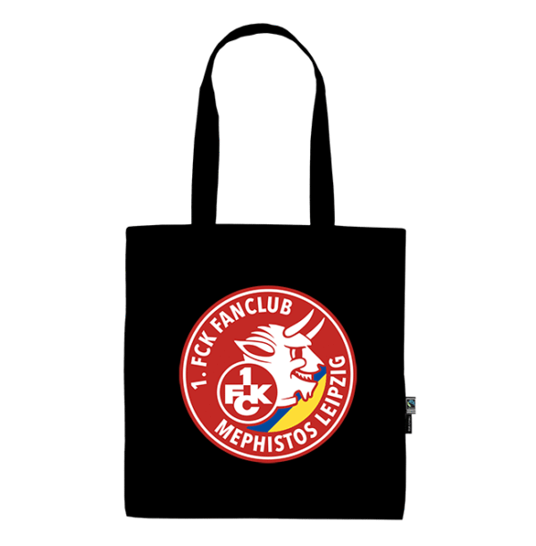 Schwarze Stofftasche mit rundem roten '1. FCK Mephistos Leipzig'-Logo und Teufelskopf