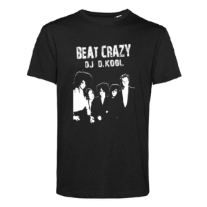 Schwarzes T‑Shirt mit weißem Bandmotiv und Schriftzug BEAT CRAZY DJ D.KOOL