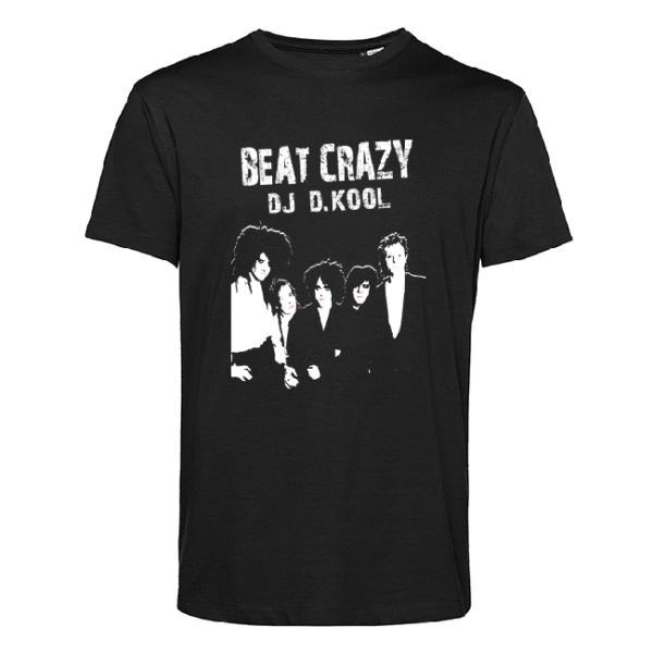 Schwarzes T‑Shirt mit weißem Bandmotiv und Schriftzug BEAT CRAZY DJ D.KOOL