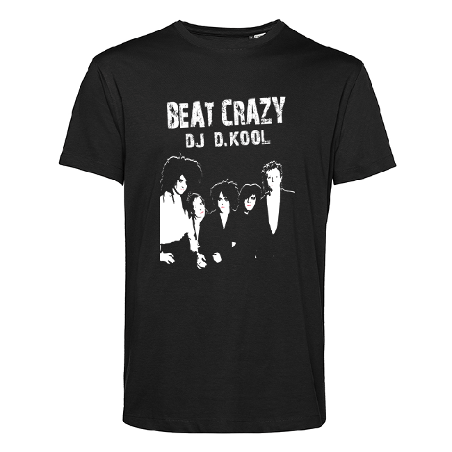 Schwarzes T‑Shirt mit weißem Bandmotiv und Schriftzug BEAT CRAZY DJ D.KOOL