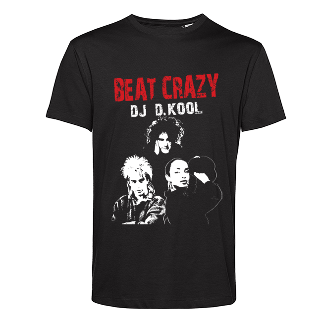 Schwarzes T-Shirt mit rotem Schriftzug BEAT CRAZY, DJ D.KOOL und drei stilisierten Porträts