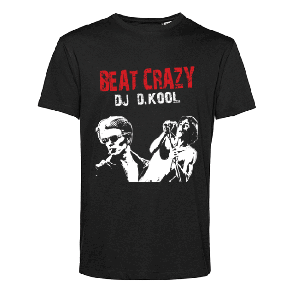 Schwarzes T‑Shirt mit rotem 'BEAT CRAZY', 'DJ D.KOOL' und weißen Sänger‑Silhouetten