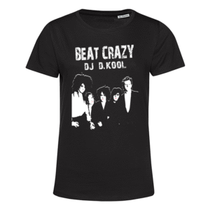 Schwarzes T‑Shirt mit weißer Bandgrafik und Aufschrift BEAT CRAZY DJ D.KOOL