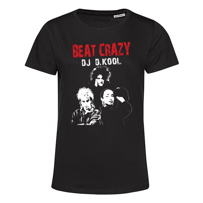 Schwarzes T-Shirt mit rotem Schriftzug BEAT CRAZY, DJ D.KOOL und drei Porträts