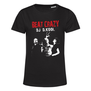 Schwarzes T‑Shirt mit rotem BEAT CRAZY, DJ D. KOOL-Schriftzug und drei weißen Figuren