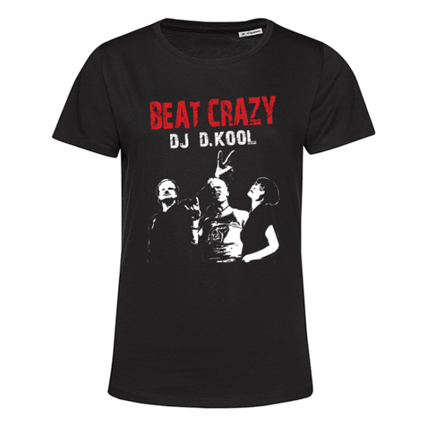 Schwarzes T‑Shirt mit rotem BEAT CRAZY, DJ D. KOOL-Schriftzug und drei weißen Figuren