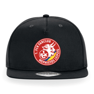 Schwarzes Snapback-Cap mit rotem Fanclub-Logo Mephistos Leipzig und Teufelsgesicht vorne