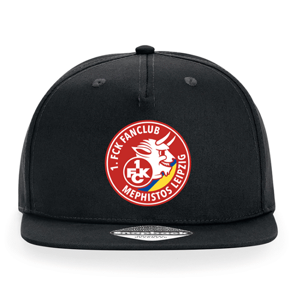 Schwarzes Snapback-Cap mit rotem Fanclub-Logo Mephistos Leipzig und Teufelsgesicht vorne