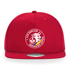 Rotes Snapback-Basecap mit weißem Rundlogo 1. FCK Fanclub Mephistos Leipzig und Teufelskopf