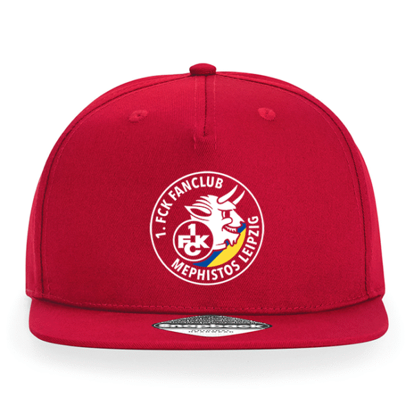 Rotes Snapback-Basecap mit weißem Rundlogo 1. FCK Fanclub Mephistos Leipzig und Teufelskopf