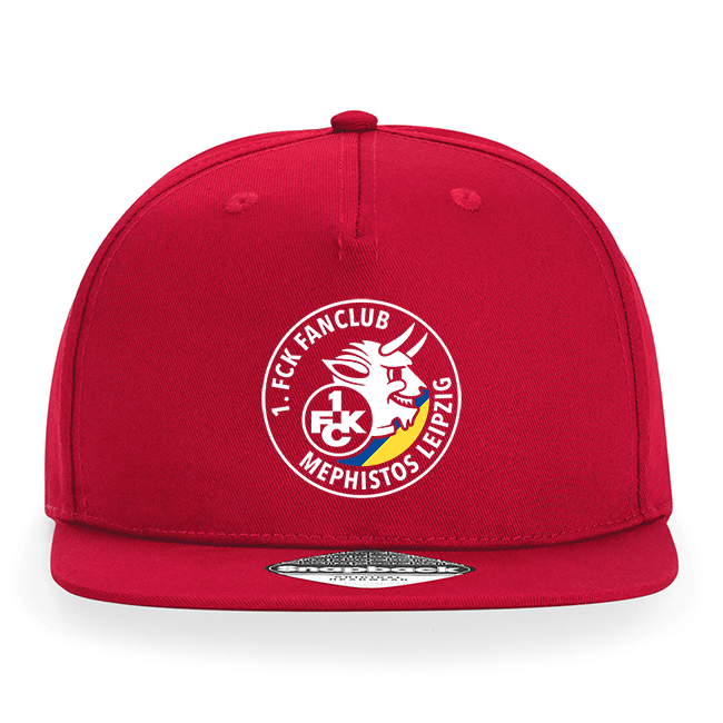 Rotes Snapback-Basecap mit weißem Rundlogo 1. FCK Fanclub Mephistos Leipzig und Teufelskopf