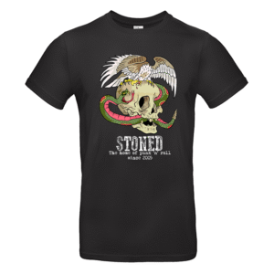 Schwarzes T‑Shirt mit Totenkopf, Schlange, Flügeln und Schriftzug