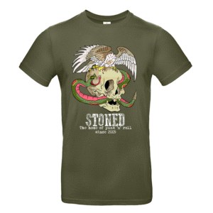 Olivgrünes T‑Shirt mit Schädel, Schlange, Adler und Schriftzug 'STONED'