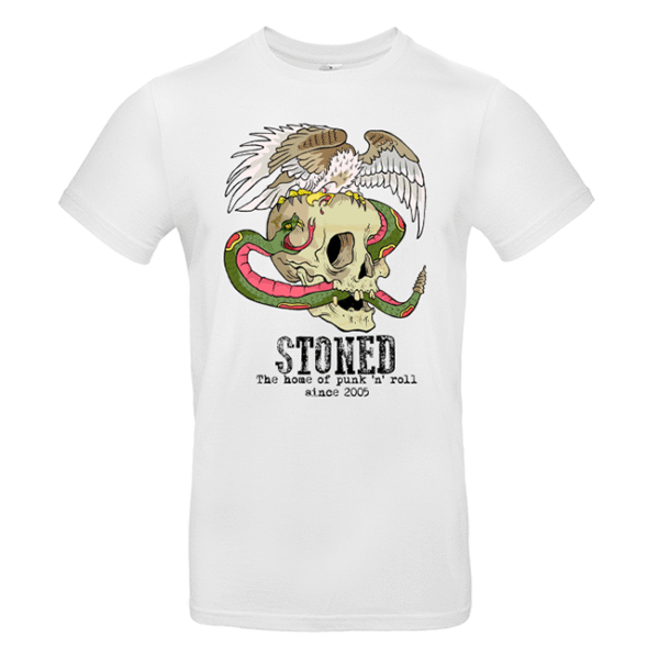 Weißes T-Shirt mit Totenkopf, Schlange, Geier und Schriftzug STONED.