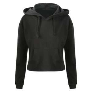 Schwarzer Cropped‑Hoodie mit Kapuze, Kängurutasche und Kordelzug