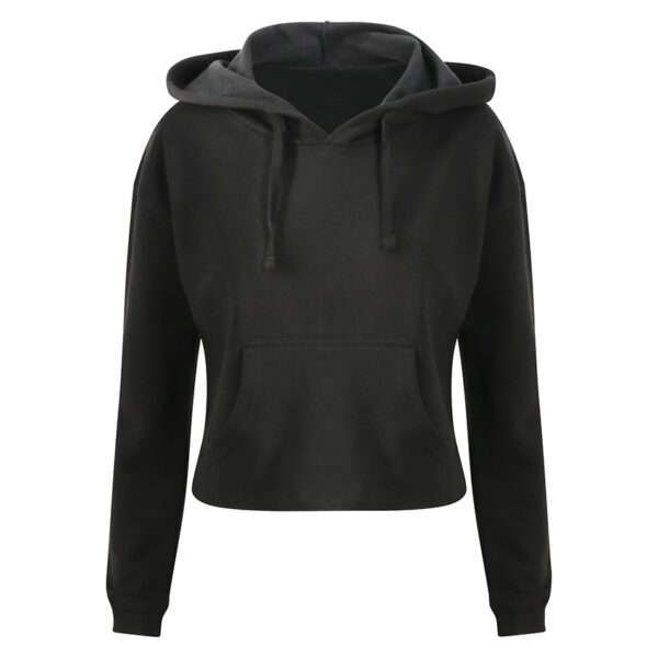 Schwarzer Cropped‑Hoodie mit Kapuze, Kängurutasche und Kordelzug