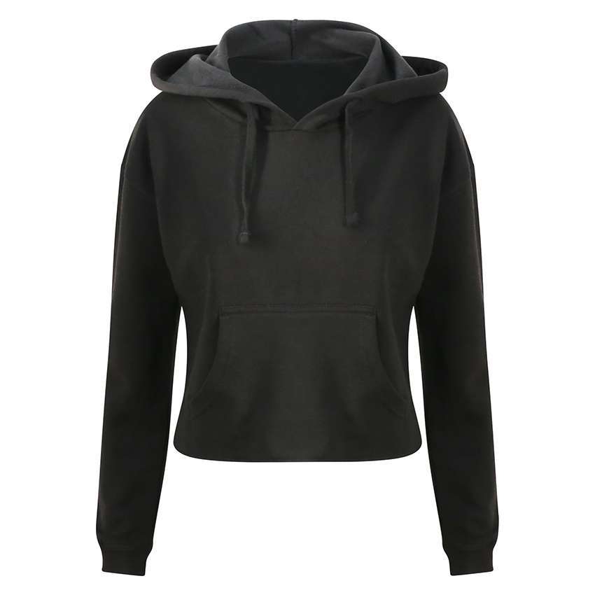 Schwarzer Cropped‑Hoodie mit Kapuze, Kängurutasche und Kordelzug