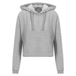 Grau melierter, kurz geschnittener Hoodie mit Kapuze, Kordelzug und aufgesetzter Tasche