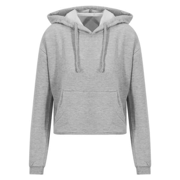 Grau melierter, kurz geschnittener Hoodie mit Kapuze, Kordelzug und aufgesetzter Tasche