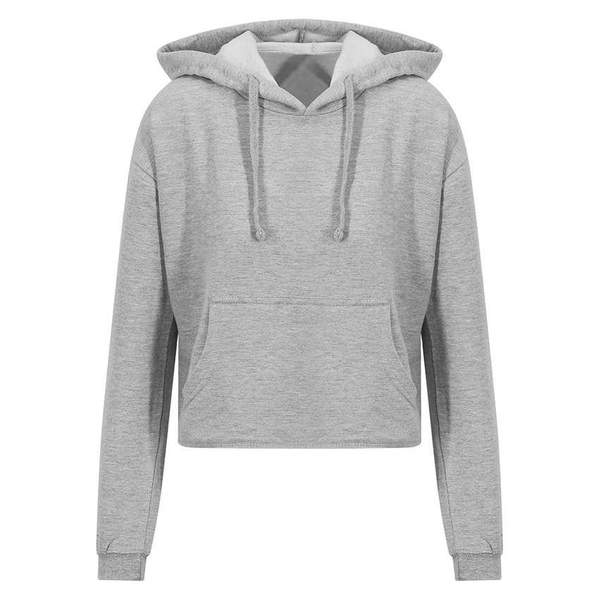 Grau melierter, kurz geschnittener Hoodie mit Kapuze, Kordelzug und aufgesetzter Tasche