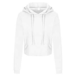 Weißer, kurz geschnittener Kapuzenpullover mit Kängurutasche und langen Kordeln