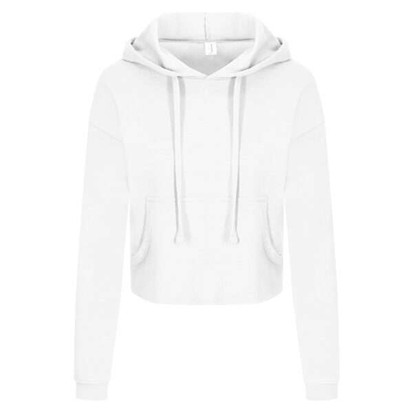 Weißer, kurz geschnittener Kapuzenpullover mit Kängurutasche und langen Kordeln