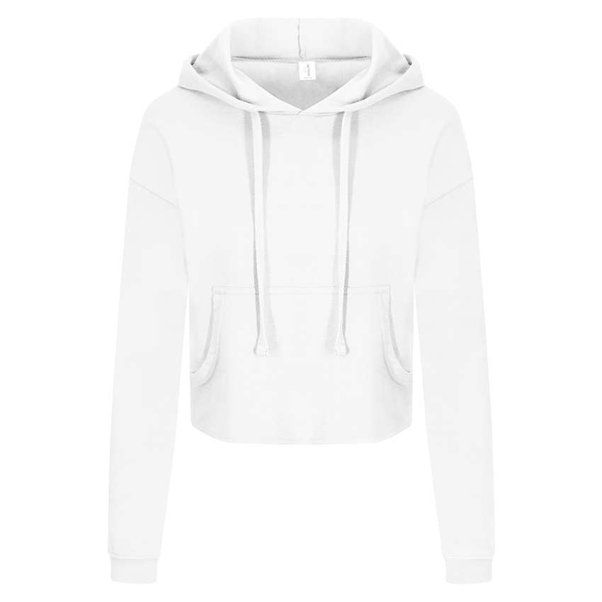 Weißer, kurz geschnittener Kapuzenpullover mit Kängurutasche und langen Kordeln