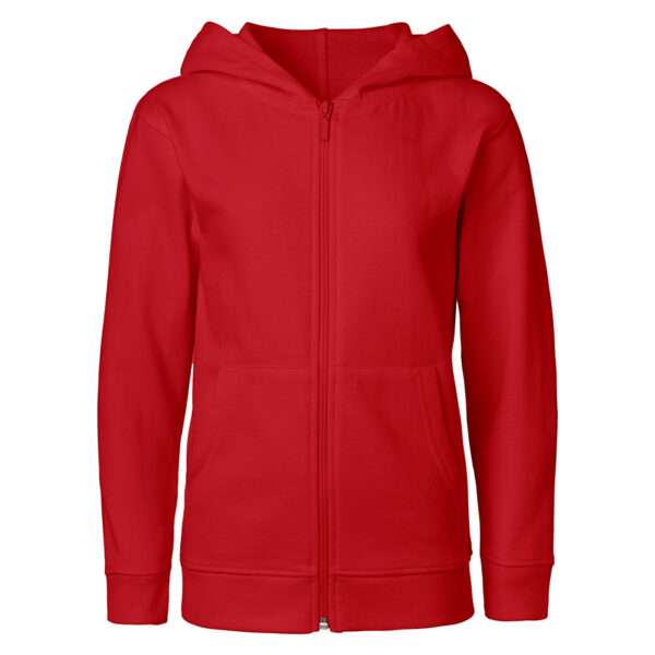 Einfarbige rote Kapuzenjacke mit Reißverschluss und Kängurutaschen