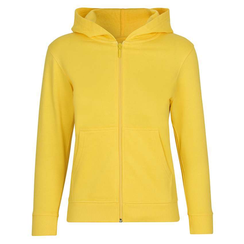 Gelbe Kapuzenjacke mit Reißverschluss und Kängurutaschen