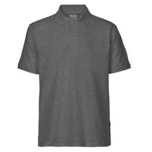 Dunkelgraues Polohemd mit kurzen Ärmeln, Knopfleiste und klassischem Kragen.