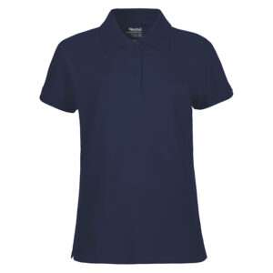 Dunkelblaues Damen-Poloshirt mit kurzen Ärmeln und zwei-Knopf-Leiste