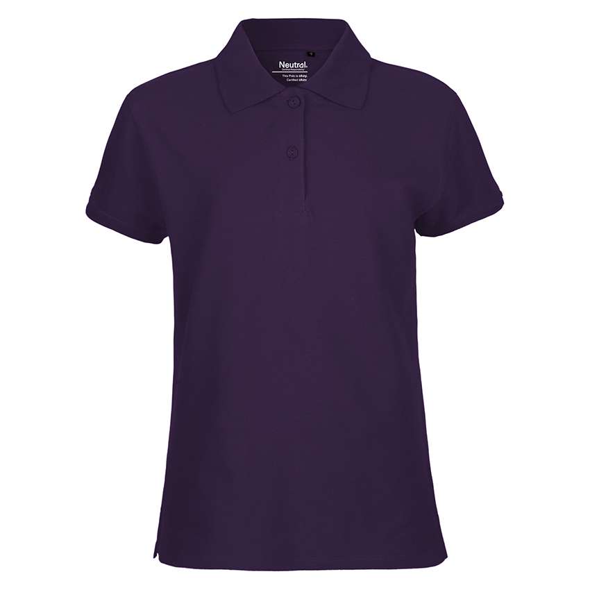 Damen-Poloshirt dunkelviolett, kurzärmelig mit Knopfleiste auf weißem Hintergrund