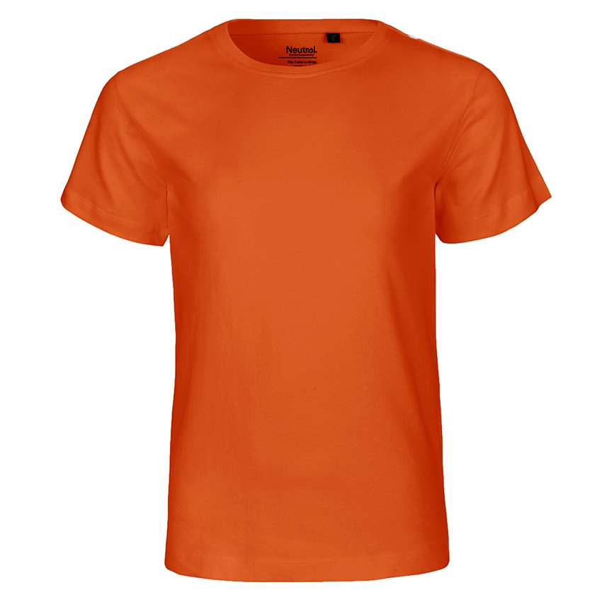 Oranges, unbedrucktes Kurzarm‑T-Shirt mit Rundhalsausschnitt vor weißem Hintergrund.