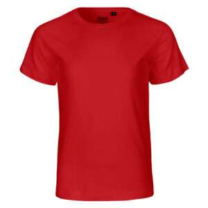 Rotes schlichtes T‑Shirt mit Rundhalsauschnitt, frontale Ansicht