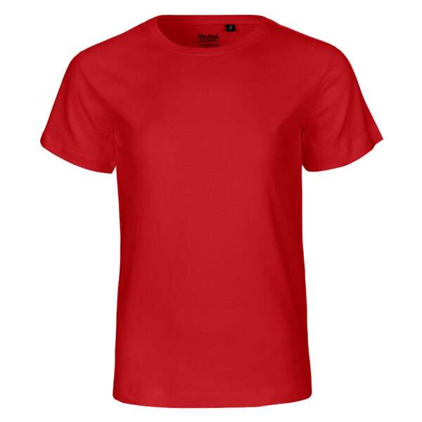 Rotes schlichtes T‑Shirt mit Rundhalsauschnitt, frontale Ansicht