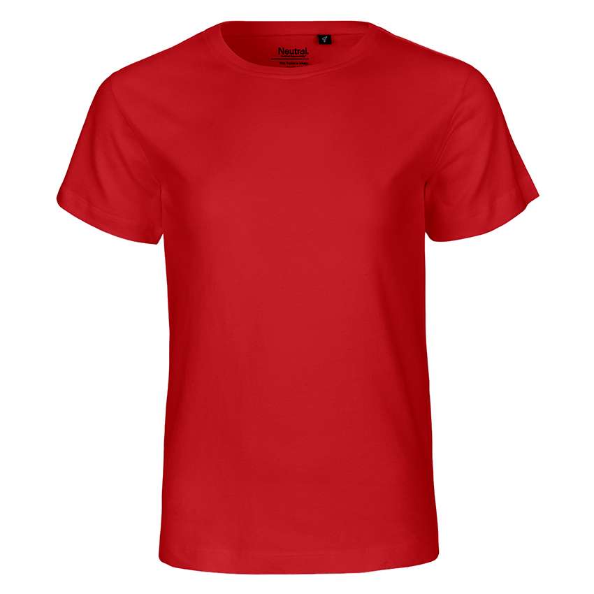 Rotes schlichtes T‑Shirt mit Rundhalsauschnitt, frontale Ansicht