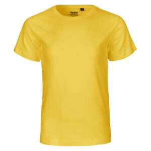 Leuchtend gelbes, unifarbenes T-Shirt mit Rundhalsausschnitt, Frontansicht