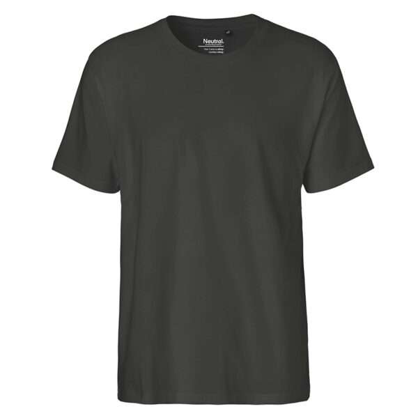 Dunkelgraues Basic-T-Shirt mit Rundhals, freistehend vor weißem Hintergrund