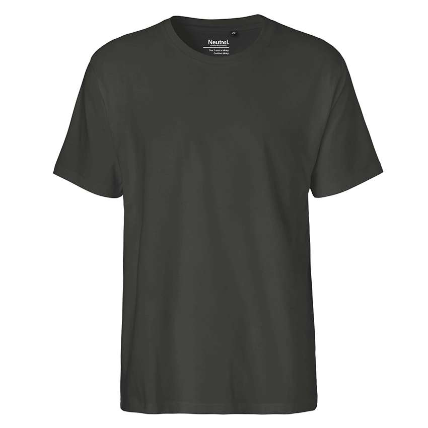 Dunkelgraues Basic-T-Shirt mit Rundhals, freistehend vor weißem Hintergrund
