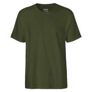 Einfarbiges olivgrünes T‑Shirt mit Rundhalsausschnitt und kurzen Ärmeln