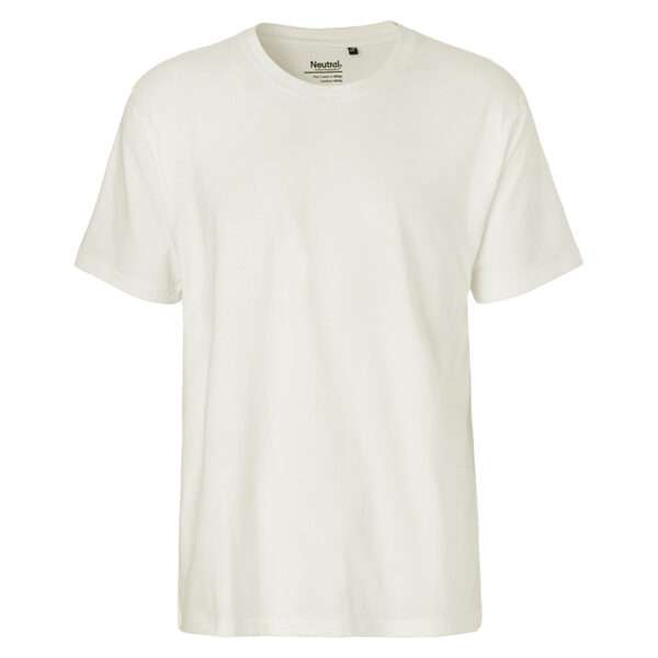 Ein schlichtes weißes T‑Shirt mit Rundhalsausschnitt auf weißem Hintergrund