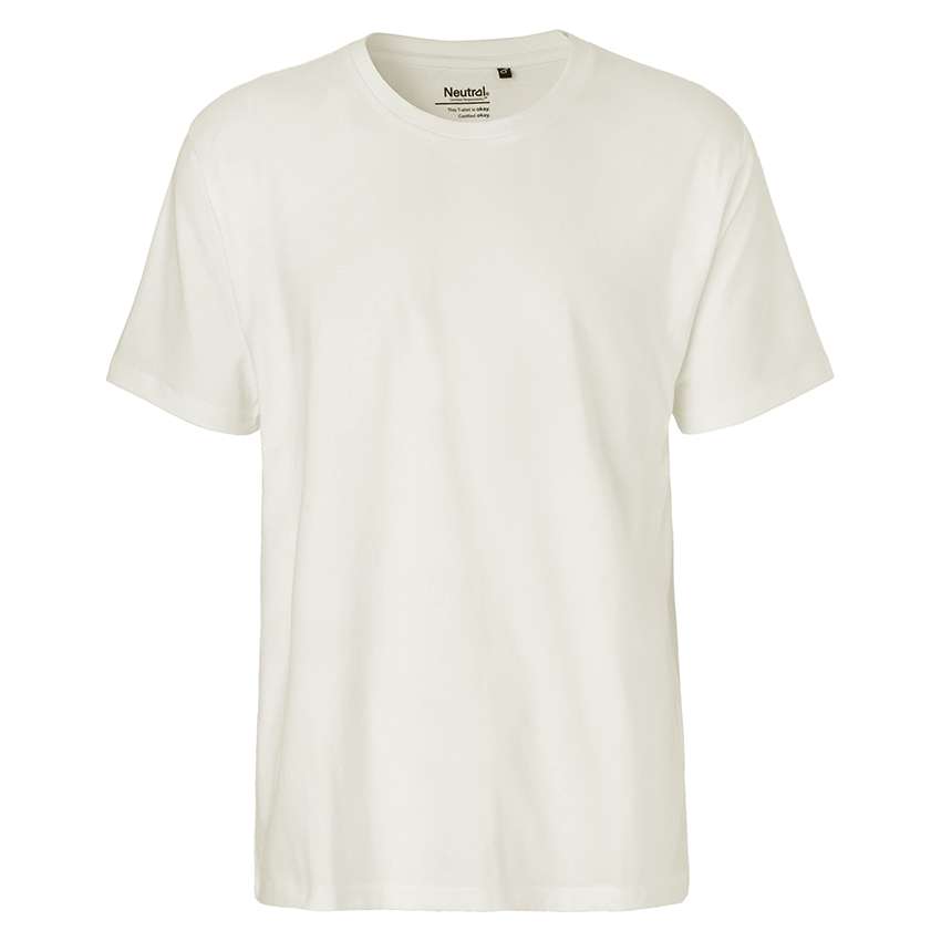 Ein schlichtes weißes T‑Shirt mit Rundhalsausschnitt auf weißem Hintergrund