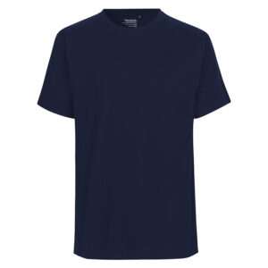 Dunkelblaues unifarbenes T‑Shirt mit Rundhalsausschnitt, frontale Ansicht