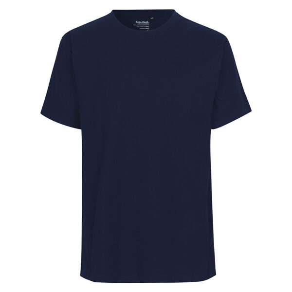 Dunkelblaues unifarbenes T‑Shirt mit Rundhalsausschnitt, frontale Ansicht