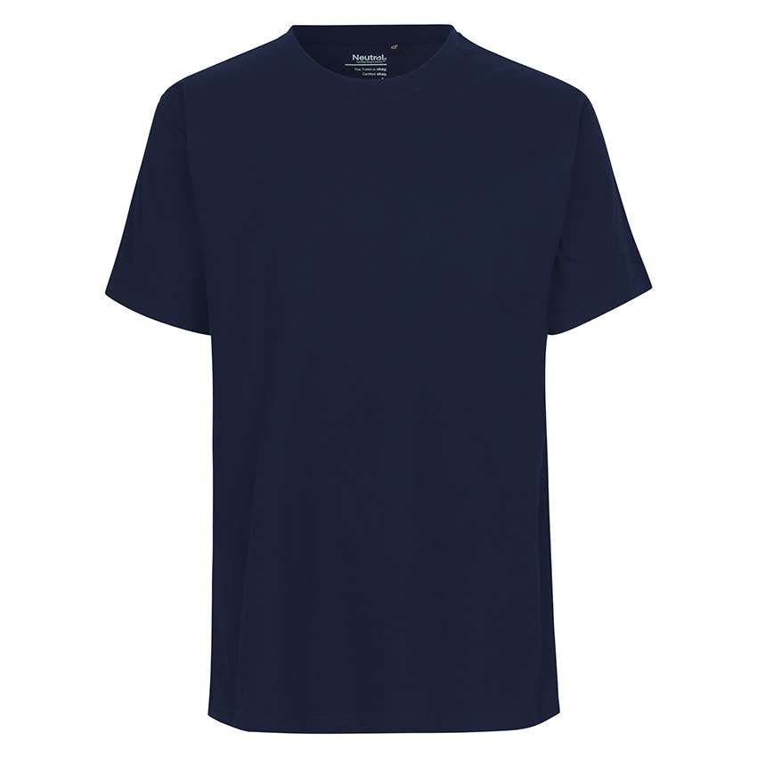 Dunkelblaues unifarbenes T‑Shirt mit Rundhalsausschnitt, frontale Ansicht