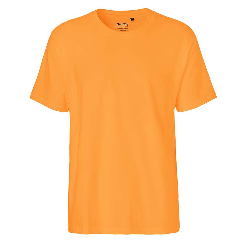 Oranges kurzärmeliges T‑Shirt mit Rundhalsausschnitt auf weißem Hintergrund