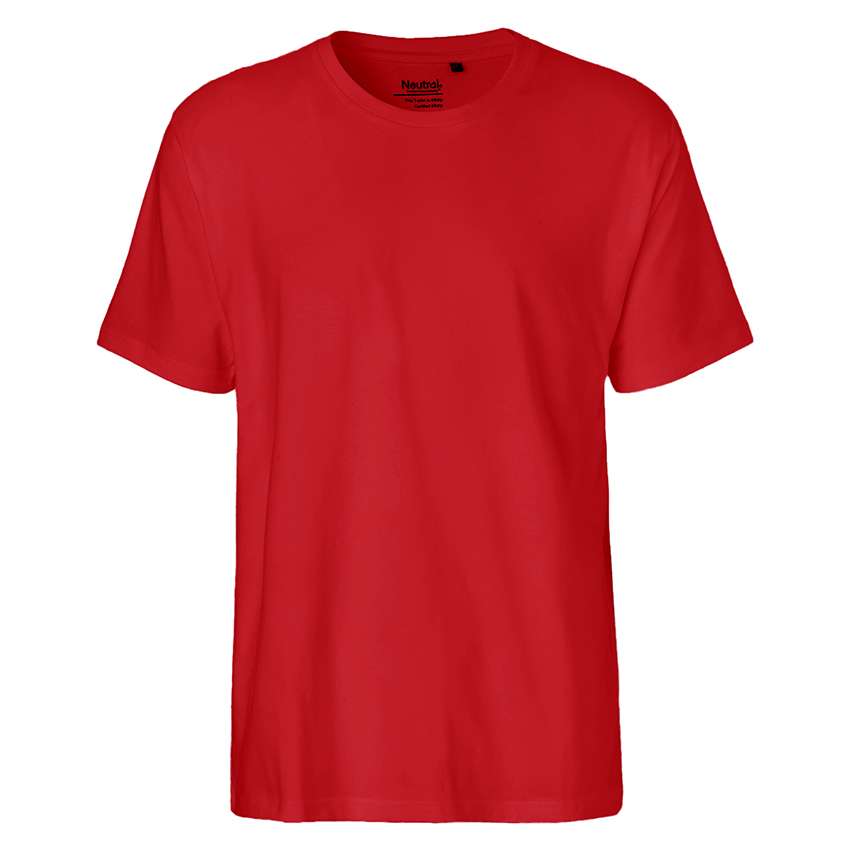 Rotes unbedrucktes T‑Shirt mit Rundhalsausschnitt auf weißem Hintergrund