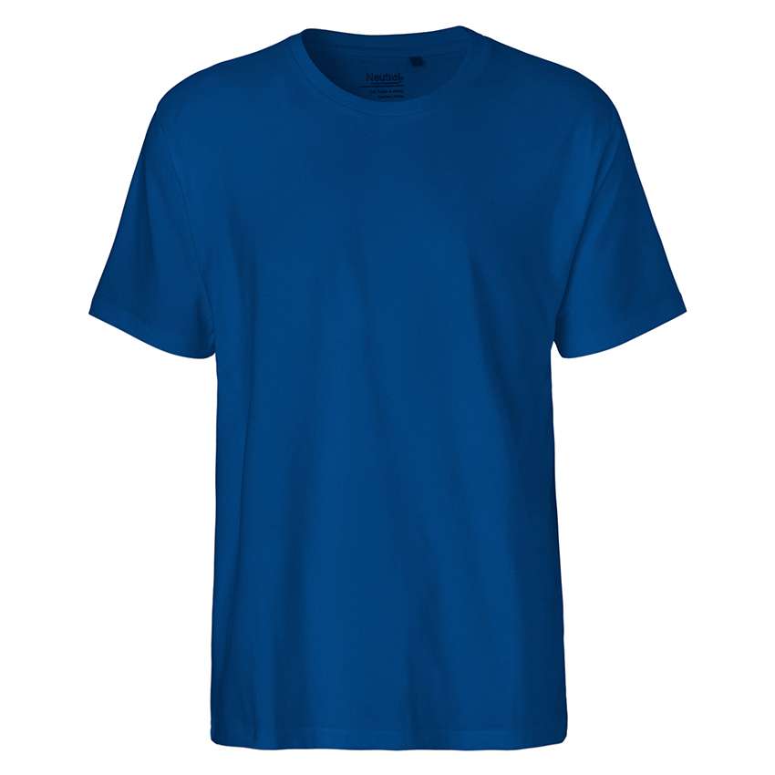 Ein einfarbiges königsblaues T‑Shirt mit Rundhalsausschnitt, frontale Ansicht